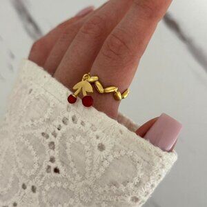SKU:0034 vintage vibe gold ring with charm red chery stainless steel+in gift bag